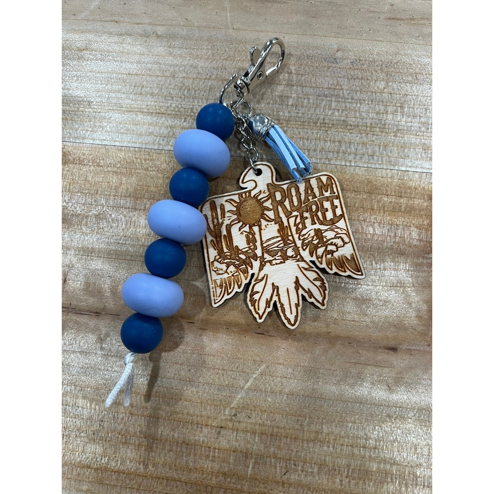 Roam Free Blues Silicone Bead Lobster Clasp‎ Keychain Purse Charm Wood Engraved